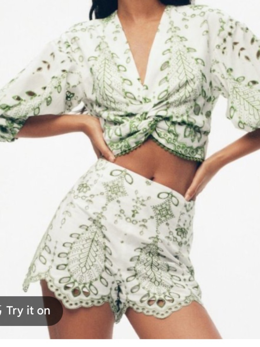 Zara White Crop Top with shorts set Green Embroidered Print